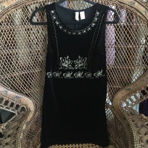 Black velvet gold embroidered mini shift gypsy tight dress